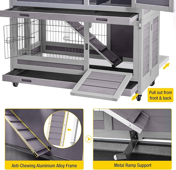 Aivituvin Large Rabbit Hutch Indoor and Outdoor Folding Bunny Cage on Wheels Guinea Pig Cage with Deep No Leak Pull Out Tray,Upgrade Version (Light Gray)-PawvioPets