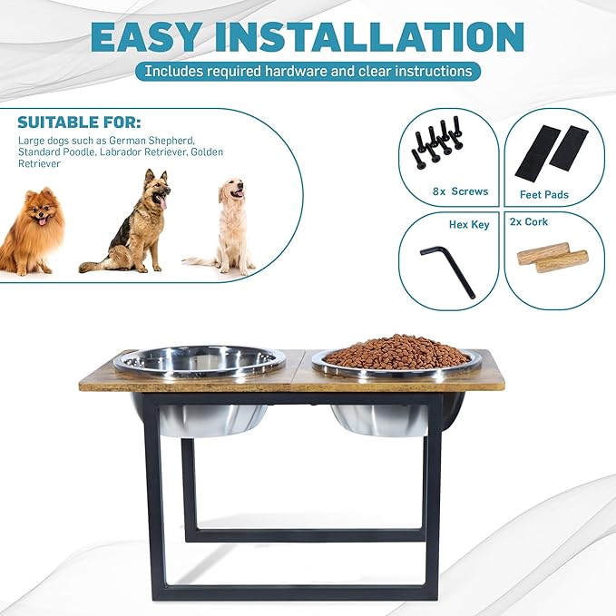 Elevated Dog Bowls for Large & Extra Large Breed Dogs - Raised Dog Feeding Station with Two Stainless Steel Bowls - Helps to Reduce Strain on Dog’s Neck & Joints - 3500 ML Capacity-PawvioPets