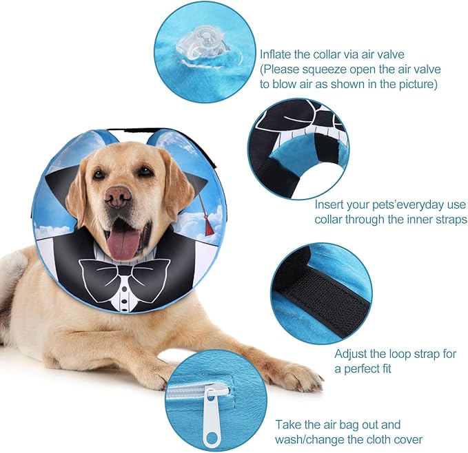 CuteBone Inflatable Dog Cone with Removable Soft Fleece Covers for Small/Medium/Large Dogs and Cats Neck Donut Collar After Surgery GWB13L-PawvioPets