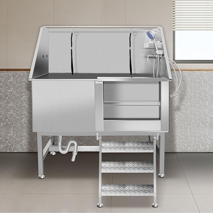 50" Dog Washing Station, Professional Stainless Steel Dog Bathing Station, Equipped/W Three Anti-Slip Steps, Removable Door, Upgraded Spray Nozzle&Hose - for Home, Pet Grooming Salon (50" Right ramp)-PawvioPets