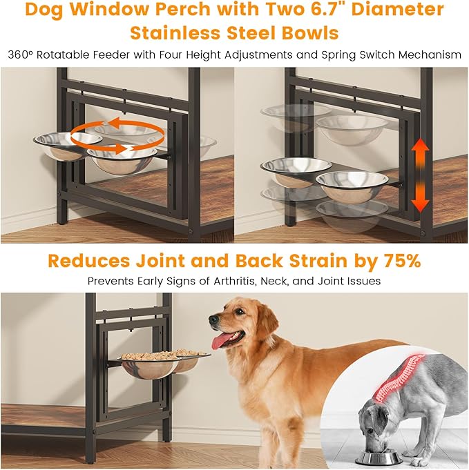 Dog Window Perch with 360° & Adjustable Raised Feeder, Pet Bunk Bed with Removable Stair and 2 Drawers, Elevated Platform Bed, Pet Elevated Seat with Cushion, Paw-Friendly Ladder-PawvioPets