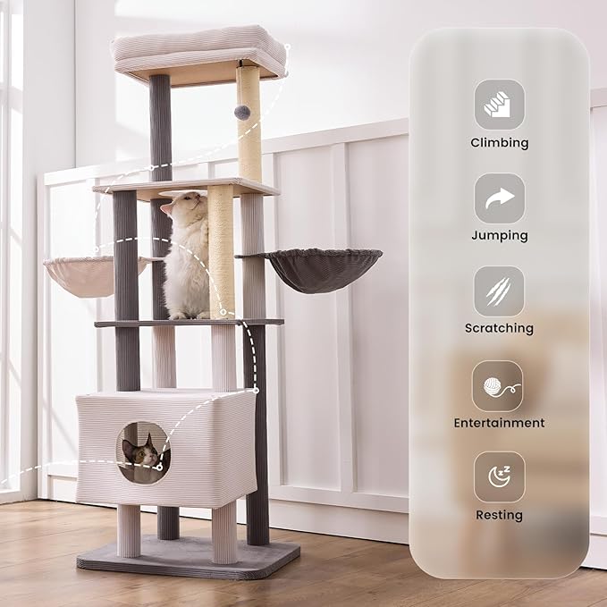 Gardner Pet 65in Heavy Duty Cat Tree Tower for Large Cats, Multi-Level Cat Furniture with Replaceable Sisal Scratching Post, Hammock | Extra-Large Platform & Condo Easy to Clean (Corduroy)-PawvioPets