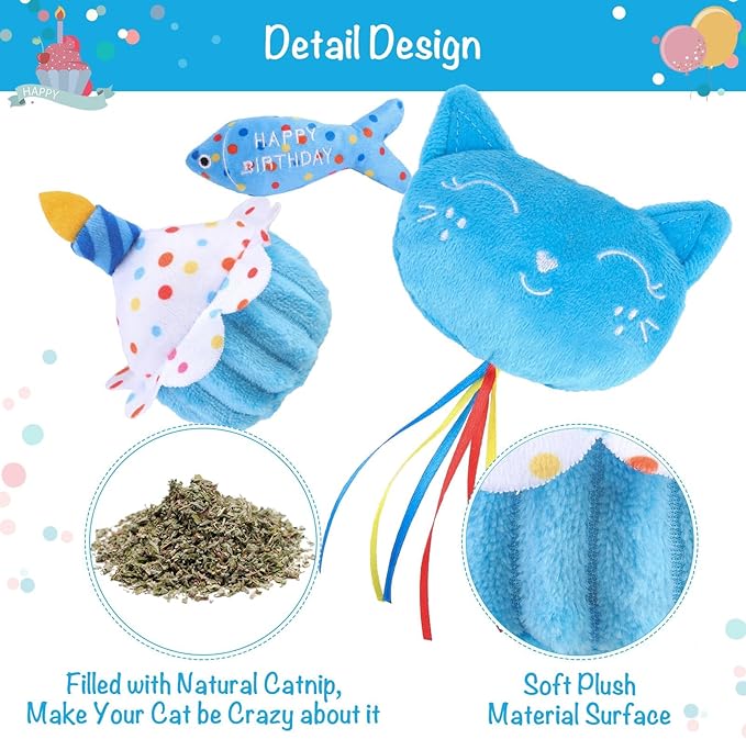 BINGPET Cat Birthday Catnip Toys for Indoor Cats,Cat Birthday Hat,Bandana and Cat Birthday Cake Interactive Plush Kitten Chew Toys,Cute Fish,Balloon Toys with Crinkle Paper and Catnip Inside(Sky Blue)-PawvioPets