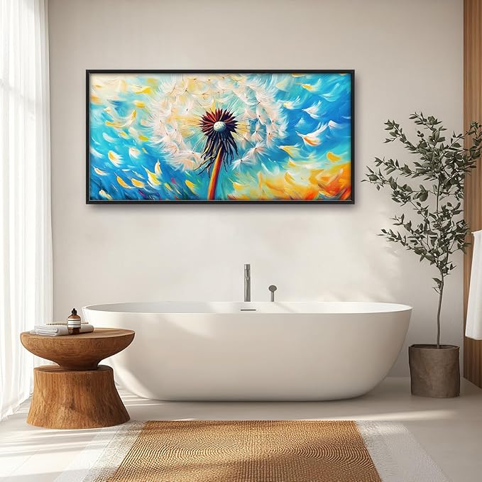 Extra Large Abstract Dandelion Framed Wall Art for Living Room,Oversized Colorful Dandelion Flower Pictures Wall Decor,Blue Canvas Print Painting Modern Artwork Bedroom Office Bathroom 60L" x 30W"-PawvioPets