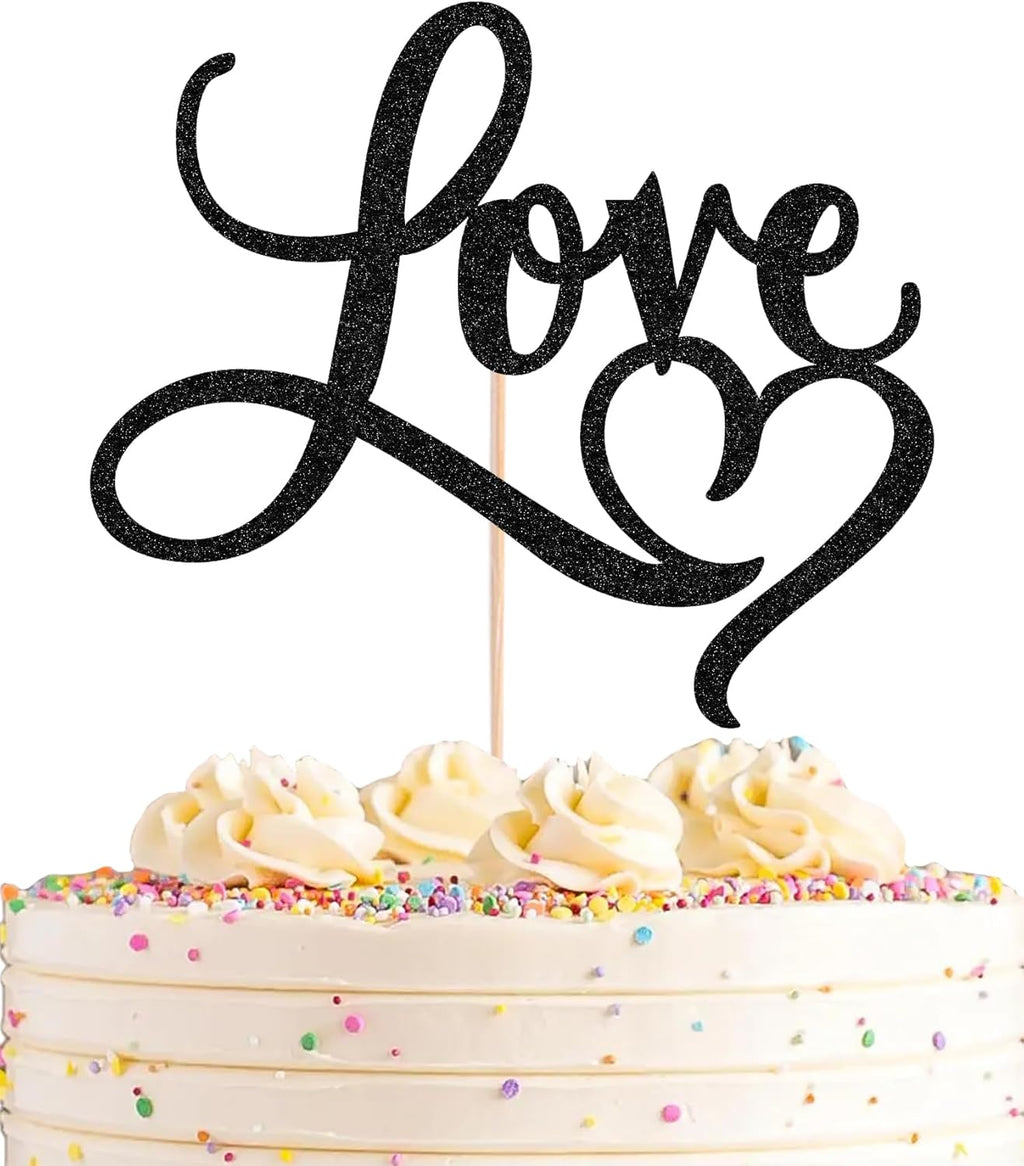 Love Cake Topper - Black Glitter Paper Wedding Cake Decoration Supplies, Perfect for Bridal Shower/Engagement/Anniversary/Birthday Party