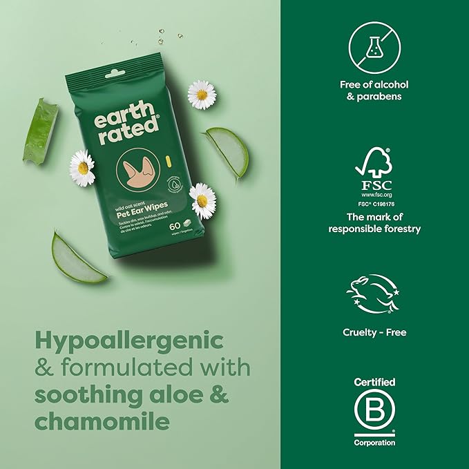 Earth Rated Vet-Developed Pet Ear Wipes, Hypoallergenic Cleaner for Dogs & Cats Ears to Remove Dirt and Wax Build Up, Wild Oat Scent, 70 Count-PawvioPets