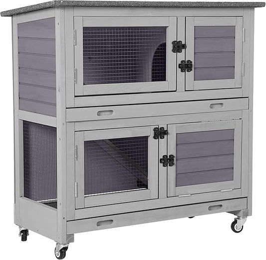 Aivituvin 2-Tier Rabbit Hutch with Tarp Door and Wheels Bunny Cage Indoor Outdoor Guinea Pig Cage Expandable with Pet Playpen 36" L, Grey-PawvioPets