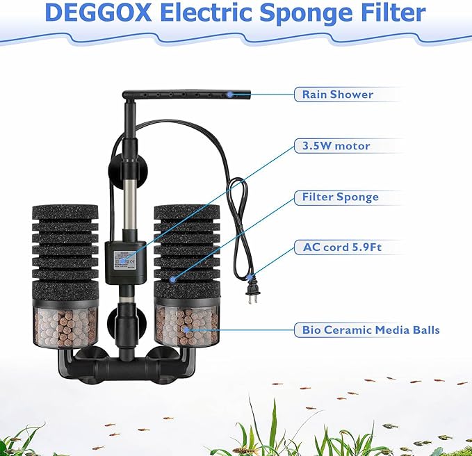 Aquarium Electric Sponge Filter with Submersible Water Pump Silence Motor for Shrimps,Bettas with Bio Ceramic Media Balls and 2 Spare Sponge,Venturi Nozzle and Rain Mode (S for 10-20 Gal)-PawvioPets