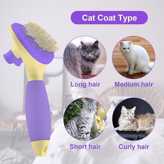 Cat Brush for Grooming and Shedding, Self-Cleaning Silicone Brush for Short and Long Haired Cats, Cat Gifts for Pet Lovers (purple)-PawvioPets