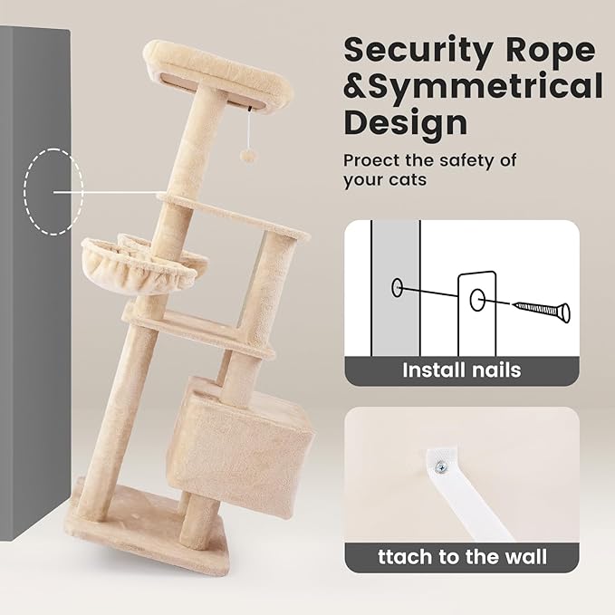 Gardner Pet 65in Heavy Duty Cat Tree Tower for Large Cats, Multi-Level Cat Furniture with Replaceable Sisal Scratching Post, Hammock | Extra-Large Platform & Condo (Upgraded Beige)-PawvioPets