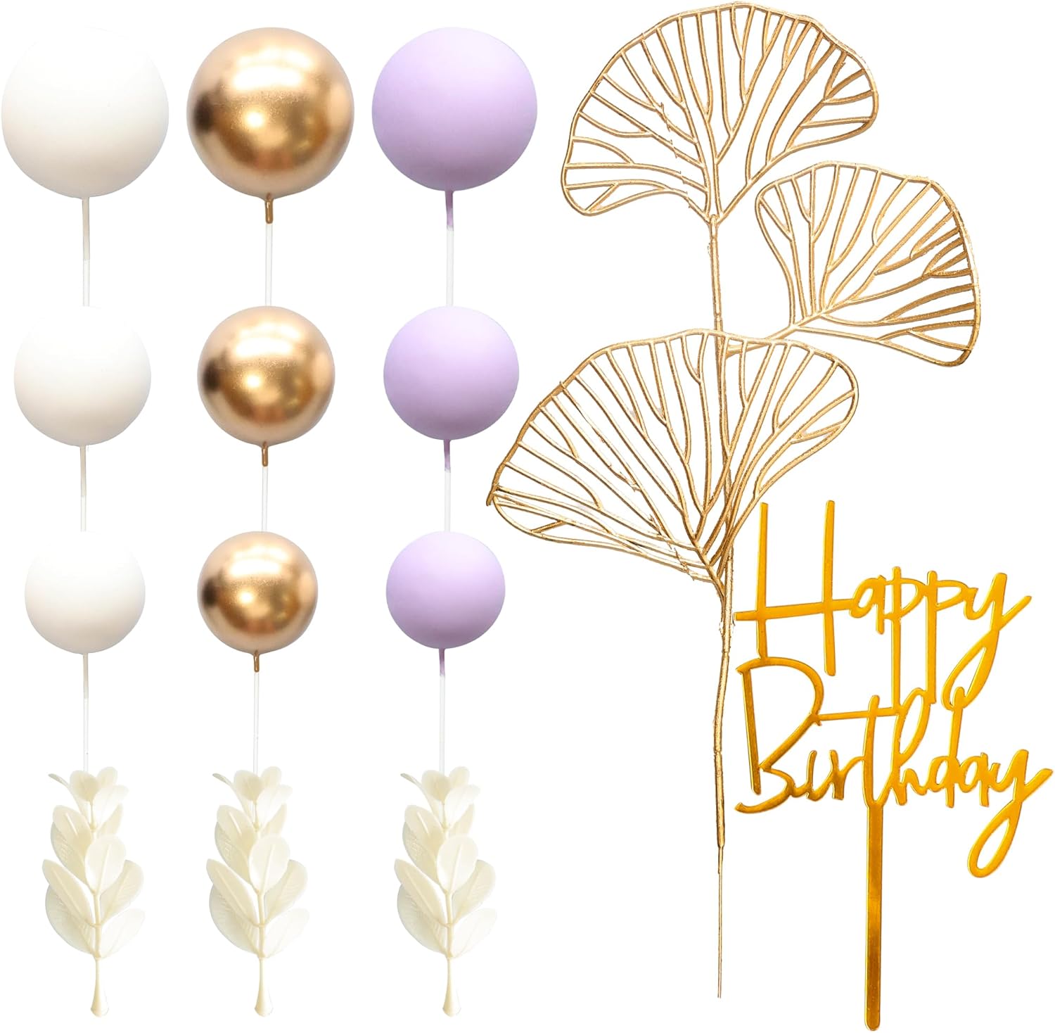 Gyufise 57Pcs Balls Cake Topper Boho Grass Cake topper Pearl Balls Acrylic Happy Birthday Cake Decorations for Wedding Baby Shower Birthday Boho Themed Party Supplies Purple