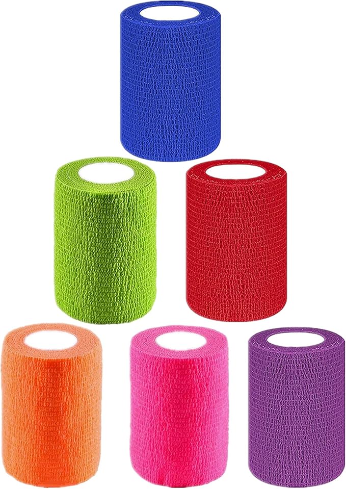 6 Pack 3" x 5 Yards Self Adhesive Bandage Wrap Breathable Cohesive Vet Wrap for Pets, Elastic Self-Adherent Tape for Sports, Wrist, Ankle (Mixed Colors)-PawvioPets