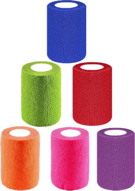 6 Pack 3" x 5 Yards Self Adhesive Bandage Wrap Breathable Cohesive Vet Wrap for Pets, Elastic Self-Adherent Tape for Sports, Wrist, Ankle (Mixed Colors)-PawvioPets