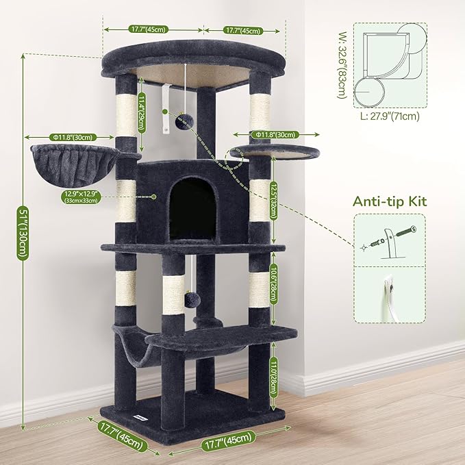 Globlazer Corner Cat Tree Tower for Indoor Cats, 51in Multi-Level Cat Condo Tower with Large Hammock, 7 Sisal Scratching Posts, Oversized Top Perch, Spacious Cat Cave, Hanging Basket, C51, Dark Grey-PawvioPets