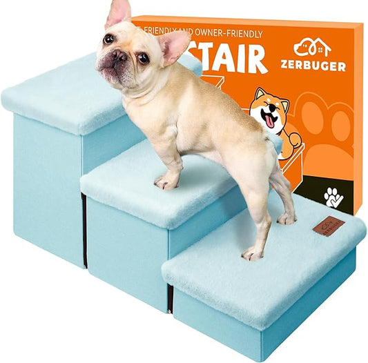 Dog Stairs with Furry Lids 18" H, 3-Step Wider Dog Steps with Storage for Small/Medium/Large Old Dogs Cats, Folding Sturdy Pet Stairs Climbing Bed Couch, Ramp for Car Up to 200 lbs, Baby Blue-PawvioPets