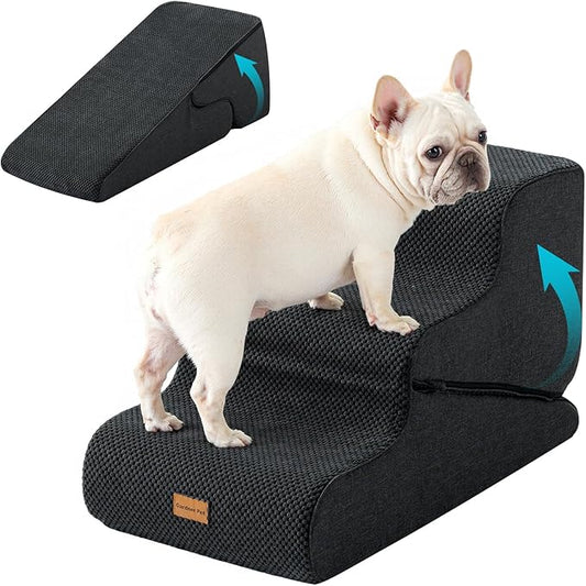 Gardner Pet Dog Stairs for Small Dogs 16.5" H, 2 in 1 Transformable 3-Step Pet Stairs and Dog Ramp for Couch (13-20 in), Black Adjustable Pet Steps with Non-Slip Waterproof Cover and CertiPUR-US Foam-PawvioPets