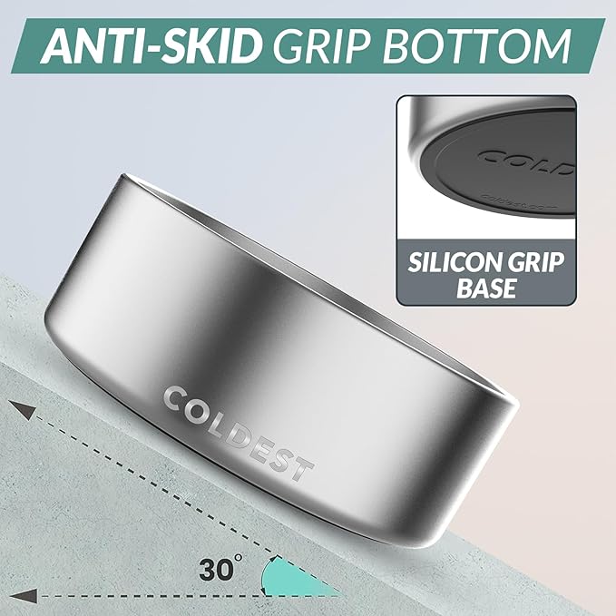 Coldest Dog Bowl - Anti Rust Metal, Non Slip, 3 Layers Insulated Stainless Steel Dog Bowls - Spill Proof & Heavy Duty - Water Bowl for Dogs, Cats, Dish Washer Safe (64 oz, Polished Stainless Steel)-PawvioPets