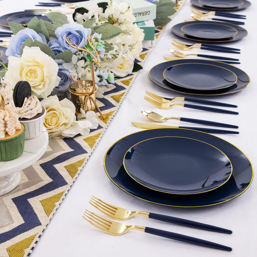 Liacere 150PCS Blue Plastic Plates - Gold Plastic Silverware with Blue Handle - Navy Disposable Plates Include 30 Guests Plates,Forks,Spoons,Knives for Wedding & Party & Halloween