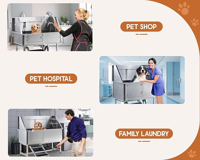 Albott 50-Inch Stainless Steel Dog Washing Station with Anti-Slip Steps, Sprayer, Faucet, and Soap Box – Professional Pet Bathtub for Medium/Small Pets, Ideal for Home, Garage, and Grooming(Left)-PawvioPets