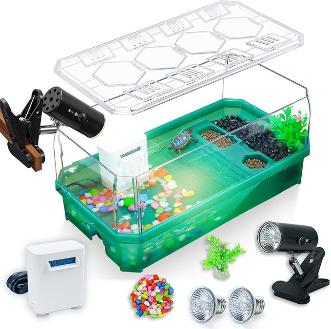 Aquatic Turtle Tank Habitat Kit Stone+Filter+Heat Lamp Enhancing Interaction with 360° Viewing, Standalone Filtration, DIY Creative Zone, Enriched Living (Green, Medium[with Light])-PawvioPets
