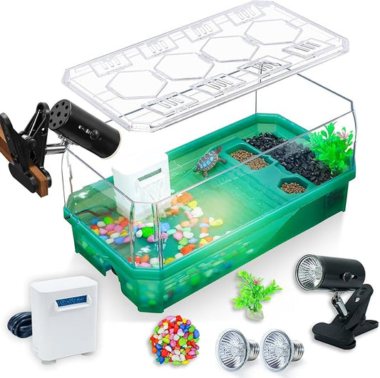 Aquatic Turtle Tank Habitat Kit Stone+Filter+Heat Lamp Enhancing Interaction with 360° Viewing, Standalone Filtration, DIY Creative Zone, Enriched Living (Green, Medium[with Light])-PawvioPets