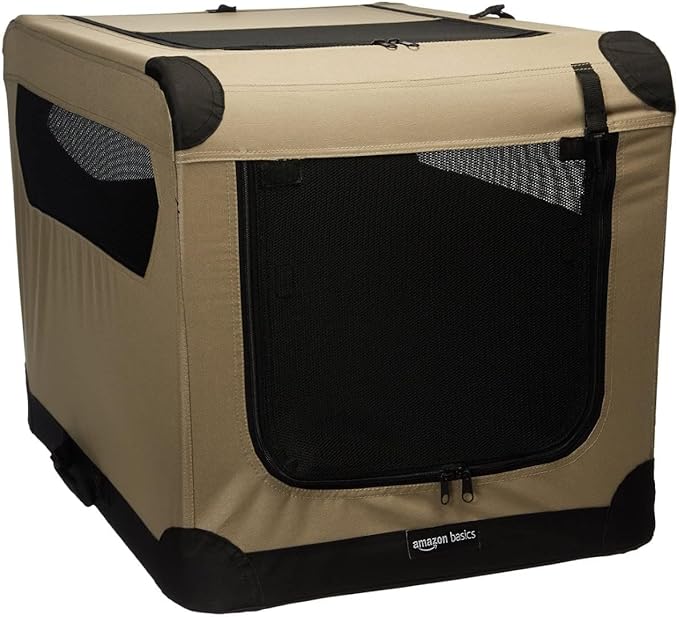Amazon Basics 2-Door Portable Soft-Sided Folding Soft Dog Travel Crate Kennel, Medium (M 30" x 21" x 21"), Tan-PawvioPets