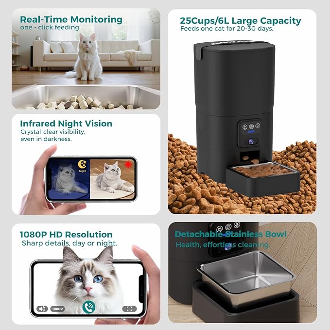 Automatic Cat Feeder,Camera 1080P HD - 6L Pet Feeder, 2.4/5G WiFi Smart App Control, Bluetooth Assist Link,Wide-Angle Lens,Automatic Feeder for Small and Medium-Sized Pets-PawvioPets
