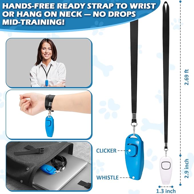 2-in-1 Dog Training Clicker Whistle for Training and Recall, Training Accessories for Puppy, Cats, Horses & Small Animals - 2 Pack with Lanyard, Reward Your Pets Efficiently(White + Light Blue)-PawvioPets