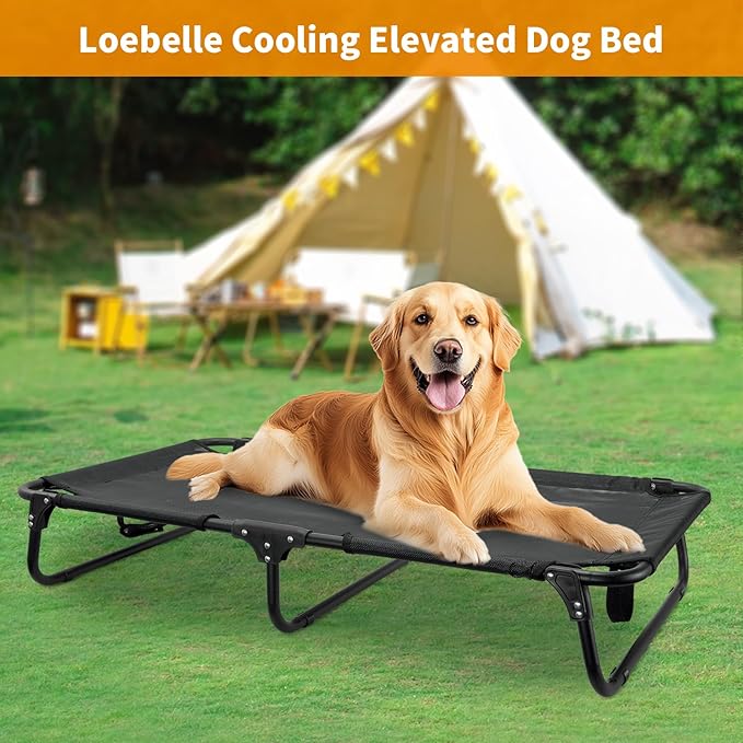 Elevated Dog Bed Large Sized Dog Cots Beds for Large Dogs Foldable Raised Dogs Beds Outdoor Cooling Chew-Proof, No Assembly Need, Black-PawvioPets