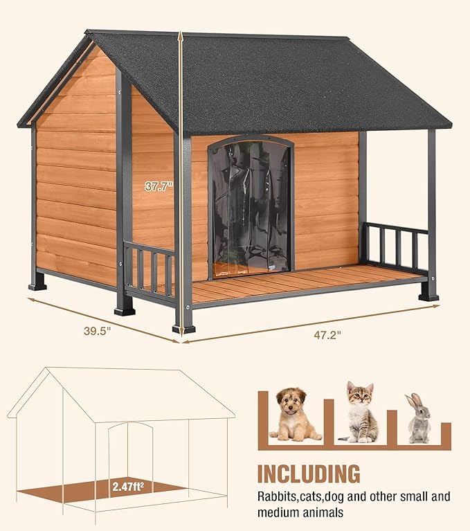 Extra Large Dog House Outdoor for Large Dogs, Insulated Dog House with Metal Frame, Waterproof Dog Shelter with Asphalt Roof, PVC Curtain & Multifunctional Patio, Indoor Outdoor Use-PawvioPets