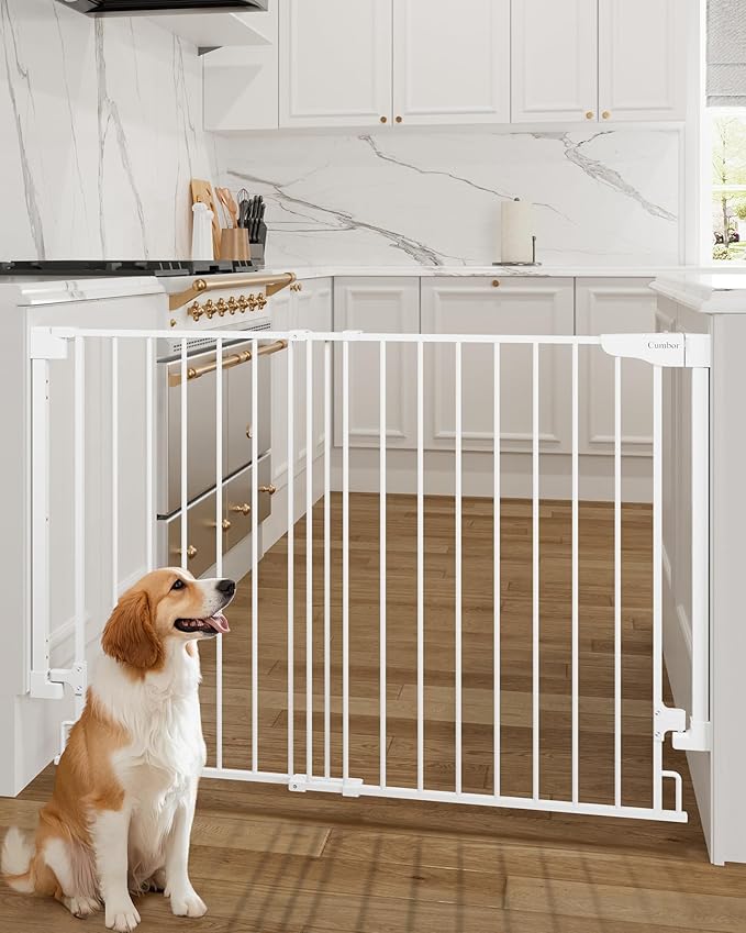 Cumbor 34" Extra Tall No Bottom Bar Baby Gate for Stairs, Auto Close Dog Gate Indoor for Larger Pets, 31.6-48" Hardware Mounted Safety Gate for Doorways, Wide Walk Thru Door for Easy Access (White)-PawvioPets