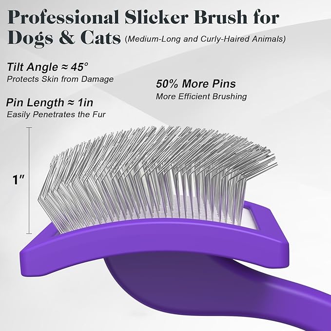 2PCS Slicker Brush for Dogs & Pet Comb,Professional Dog Grooming Brush (Goldendoodles,Poodles,Labradoodles) with Extra Long Pins to Effectively Remove Tangles, Knots and Mats (Purple)-PawvioPets