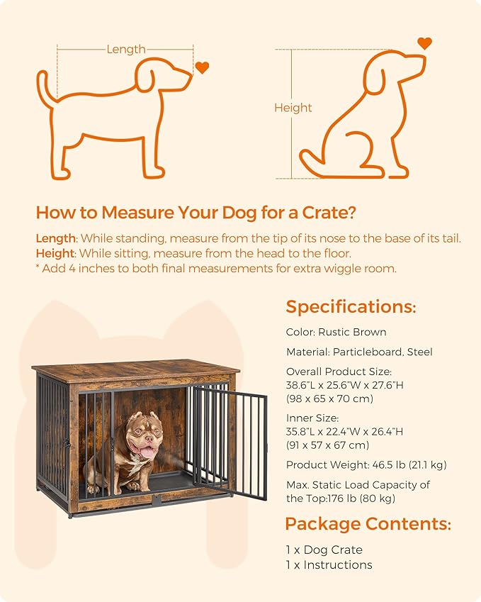 Feandrea Dog Crate Furniture, 38 Inches Dog Kennel for Dogs up to 70 lb, with Removable Tray, Heavy-Duty Dog Cage End Table, Double Doors Dog House, Rustic Brown UPFC013X01-PawvioPets