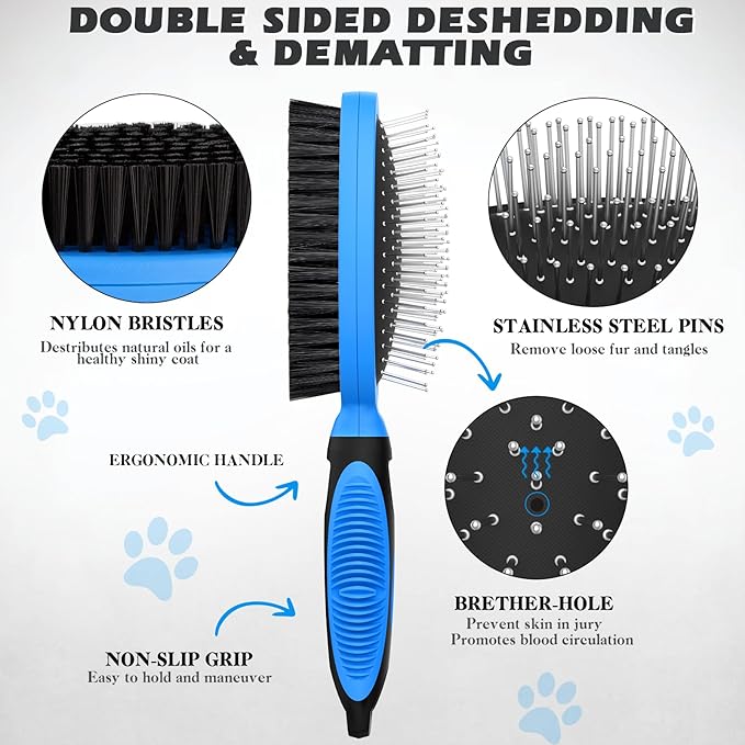 2PCS Pet Grooming Tools - Double-Sided Brush for Shedding and Bathing, Suitable for Short/Long Haired Dogs Cats and Horses, Deshedding Dog Brush, Mane & Tail Combs for Horses - Pet Supplies (Blue)-PawvioPets