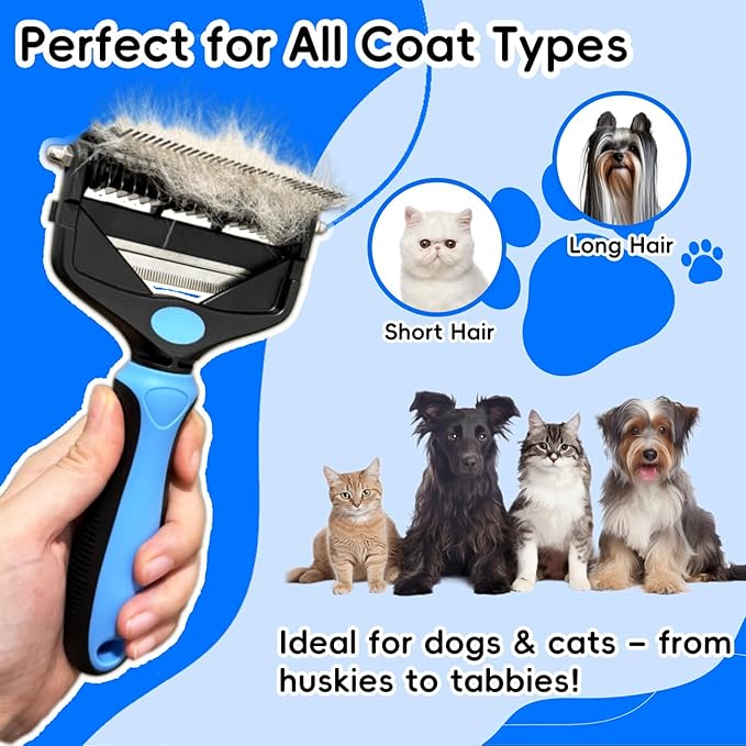 3-in-1 Pet Deshedding Tool – Grooming Brush for Dogs & Cats with Undercoat Rake & Dematting Comb (Blue)-PawvioPets