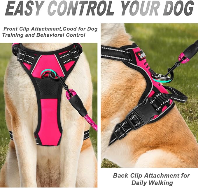 BARKBAY No Pull Dog Harness Front Clip Heavy Duty Reflective Easy Control Handle for Large Dog Walking(Pink,S)-PawvioPets