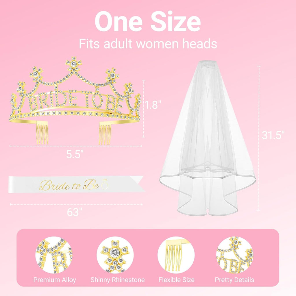 3Pcs Bride to Be Crown with Sash and Veil for Bachelorette Party Decorations，Bridal Shower Accessories for Gift, Favors
