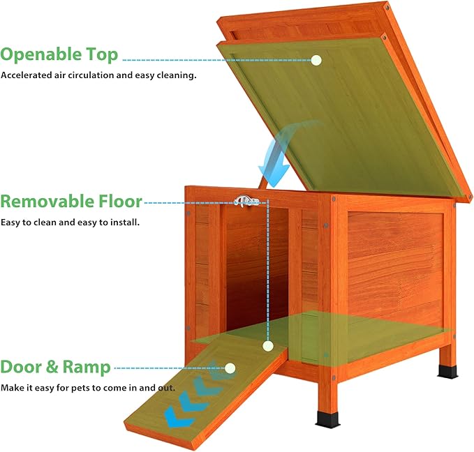 Coziwow Rabbit Hutch, Outdoor Cat House Weatherproof, Bunny Cage Indoor with Openable, Portable Small Animals Shelters with Nonslip Ramp for Hideout Rabbits/Feral Cats/Chicken/Small Animals-Orange-PawvioPets