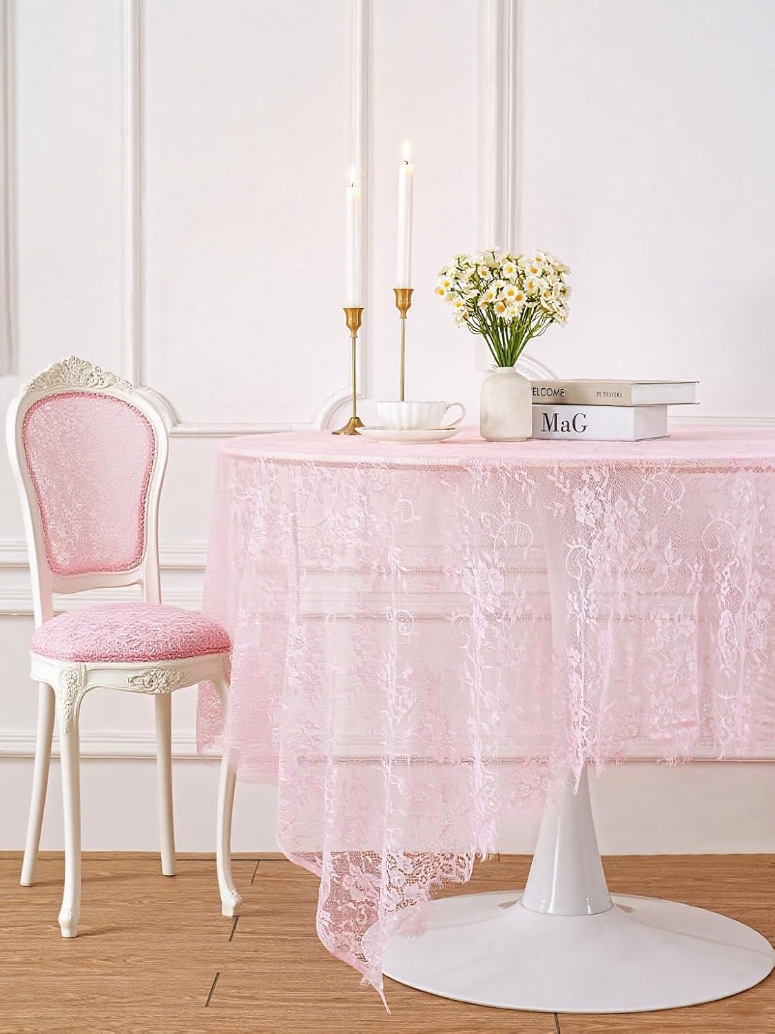 LuoluoHouse Pink Lace Table Cloth 60x120inch Tablecloth for Decorations Wedding Bridal Baby Shower Indoor Outdoor Event