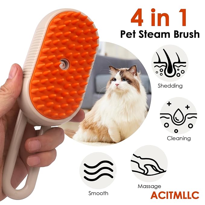 4 in 1 Cat Steam Brush for Shedding, Cleaning, Massage & Smooth, USB Rechargeable Pet Spray Hair Removal Comb, for Indoor Long/Short Haired Cats & Dogs (White)-PawvioPets
