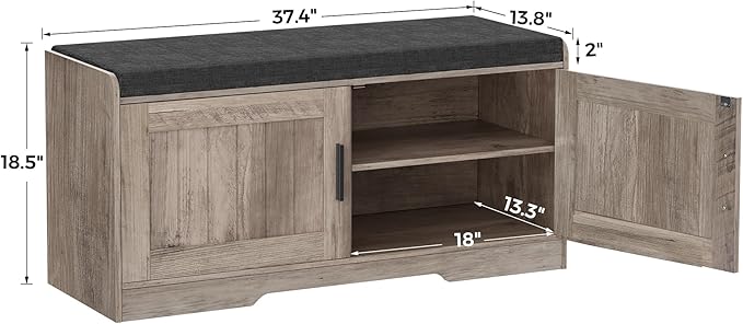 2-Tier Storage Bench, Shoe Bench with Thickened Padded Seat Cushion, Entryway Bench with 2 Doors, Adjustable Shelf, 13.8" D x 37.4" W x 18.5" H, for Entryway, Living Room, Bedroom, Greige-PawvioPets