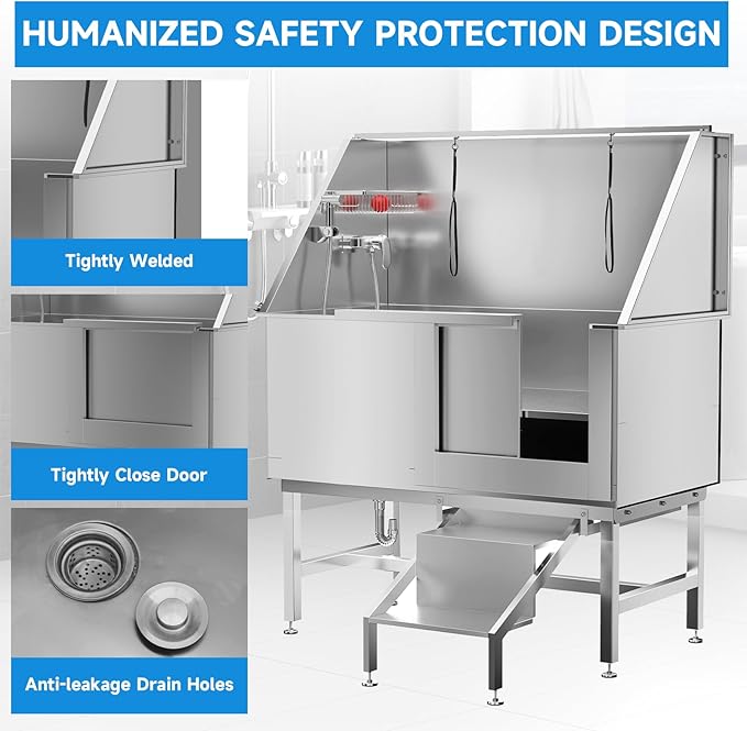 Dog Washing Station 50" Dog Grooming Tub with Right Stair& Faucet, Stainless Steel Dog Bathing Station for Home,Dog Bathtub for Large,Medium,Small Pets-PawvioPets