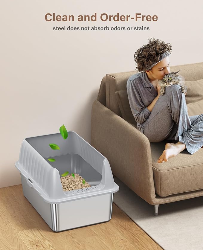 Cat Litter Box Stainless Steel XL with Lid, Enclosed Metal Extra Large Litter Box Pan High Sided with Scoop for Big Cats, Non-Sticky, Anti-Urine Leakage, Easy Cleaning-PawvioPets