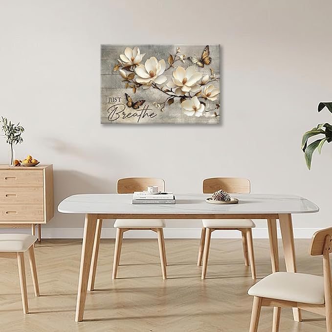 Floral Magnolia Bathroom Pictures Wall Art, Just Breathe Bathroom Wall Decor, Flower Butterfly Framed Painting Canvas Artwork for Bedroom Living Room Decorations 24"L x 16"W-PawvioPets