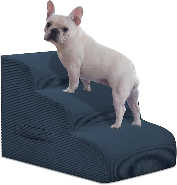 Dog Steps for Small Dogs, 3-Step Pet Ramp Stairs for High Beds and Sofa, Non-Slip Pet Stairs for Small Dogs and Cats, Removable and Easy to Clean Cover, Navy-PawvioPets