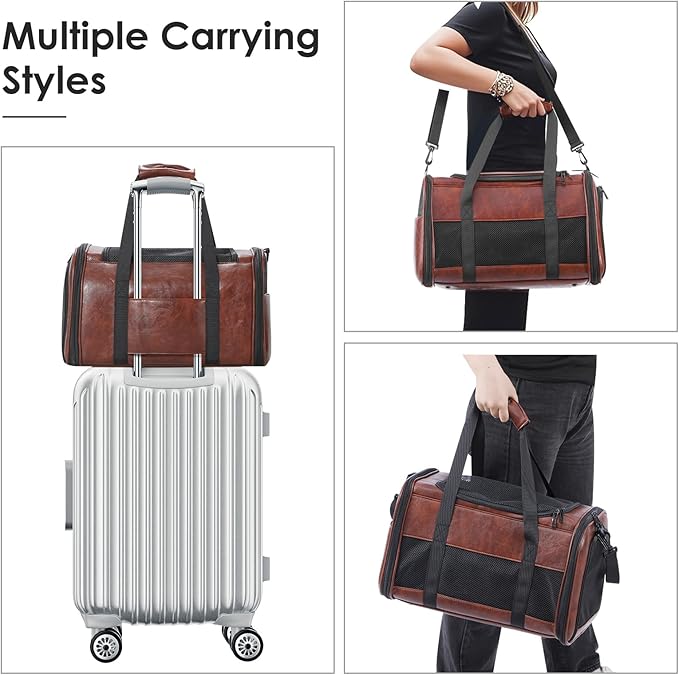 Fashion Leather Dog Carrier, Airline Approved Cat Carrier Soft Sided Pet Bag Carrier Purse for Puppy Kitten Small Animals Coffee-PawvioPets