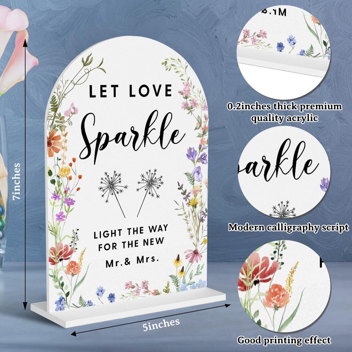 Acrylic Wedding Signs, Let Love Sparkle Signs for Marriage Reception, Bridal Shower Decorations, Modern Arched Round Top Acrylic Table Top Sign with Holder for Wedding Party (White Wildflowers)