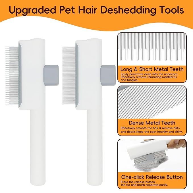 Deshedding Brush with Metal Comb for Detangling and Dematting Long, Flea Comb Cat Combs with Long & Short Stainless Steel Teeth, Matted Fur on Cats and Dogs (3 Pack)-PawvioPets