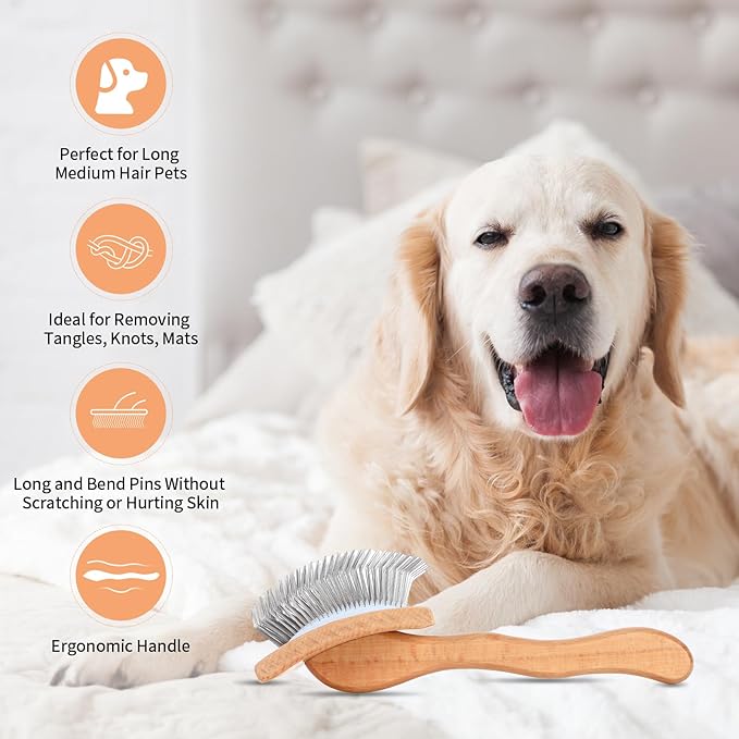 Dog Slicker Brush for Shedding and Grooming Medium or Long Haired Cats, Extra Long & Soft Pin Slicker Brush for Removes Loose Hair, Tangles, Knots, Undercoat, Free Pet Comb, Large, Oak-PawvioPets