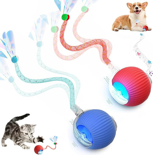 2 Packs Speed 2.0 Tail Interactive Cat Toys for Indoor Cats, Chirping & Motion Activate Cat Toy, Smart Kitten Rolling Ball Moving Ball Toys, Rechargeable Dog Cats Bal l for Enrichment Exercise-PawvioPets